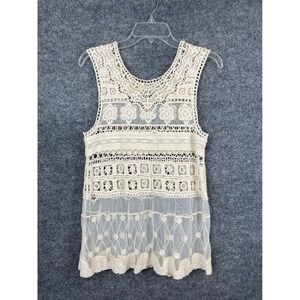 Phase One Crochet Mesh Tank Top Women S Cream Excellent Sleeveless Boho Lace